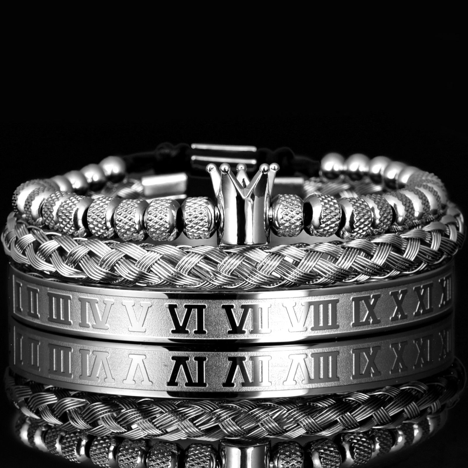 Kit Imperador 3 Pulseiras Masculinas Premiuns Prateado Pulseira