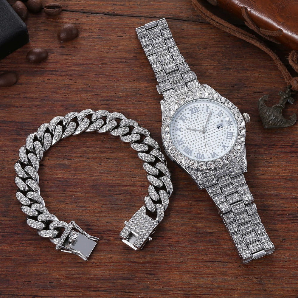 Kit Elegance Pulseira E Relógio Cravejado