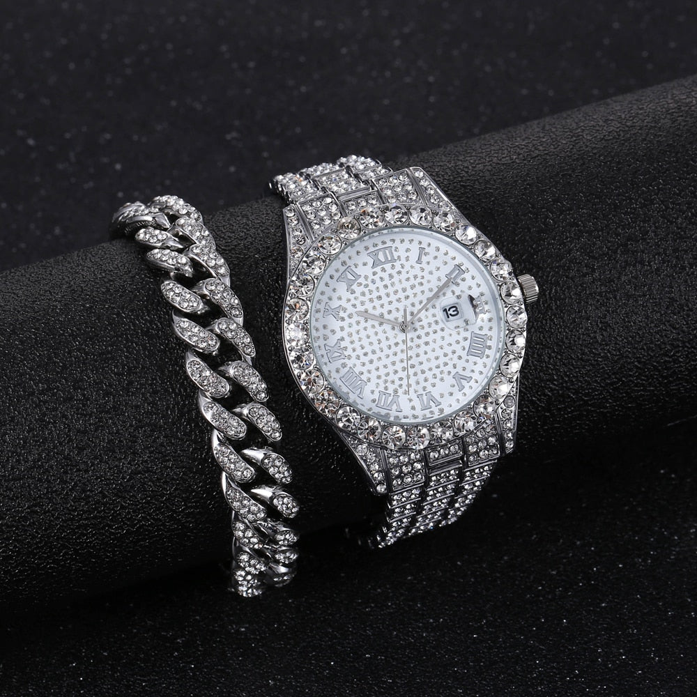 Kit Elegance Pulseira E Relógio Cravejado Silver