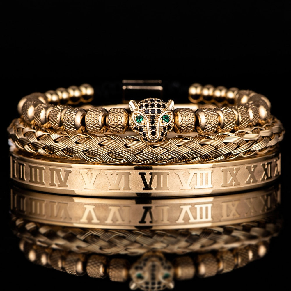 Kit Pantera 3 Pulseiras Masculinas Premiuns Dourado Pulseira